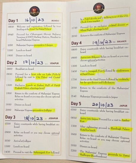 Maharaja Express Iternary