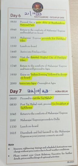 Maharaja Express Iternary Contd.